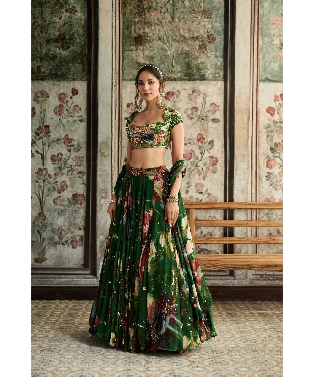 DIYARAJVVIR - Green Floral Print and Highlighted Lehenga Set